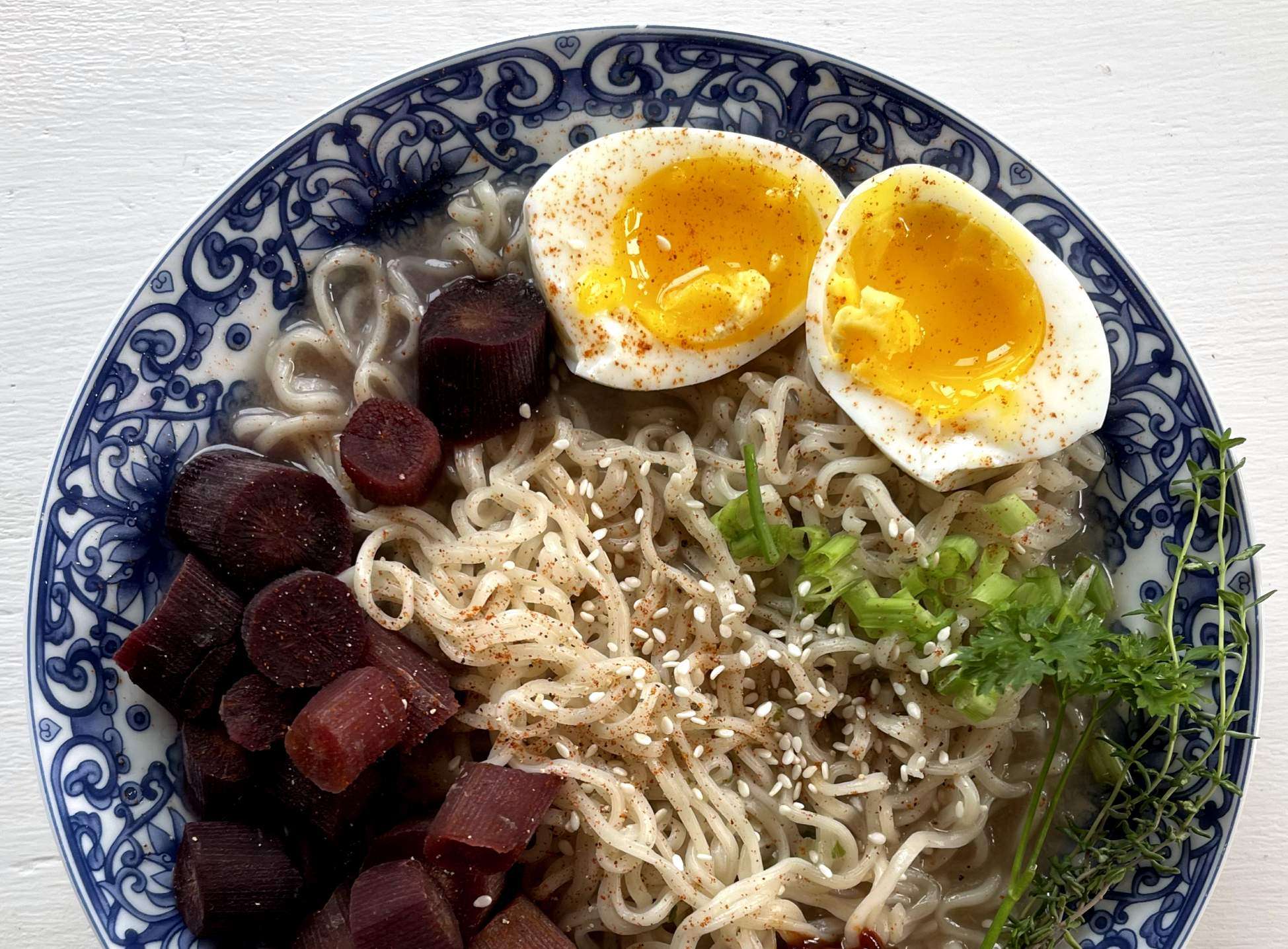 fancied up instant Shio ramen with purple carrots morgan be cookin